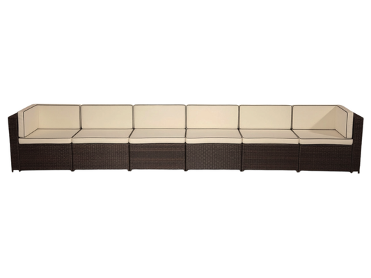 SUNSHINE 6PC LONG SOFA - H 24.4" / W 160" / D 29" The Sunshine 6pc Sectional features 2 Sunshine corner sections and 4 Sunshine armless sections. This contemporary style furniture will add flare to any outdoor event; perfect for any time of the year. Cons