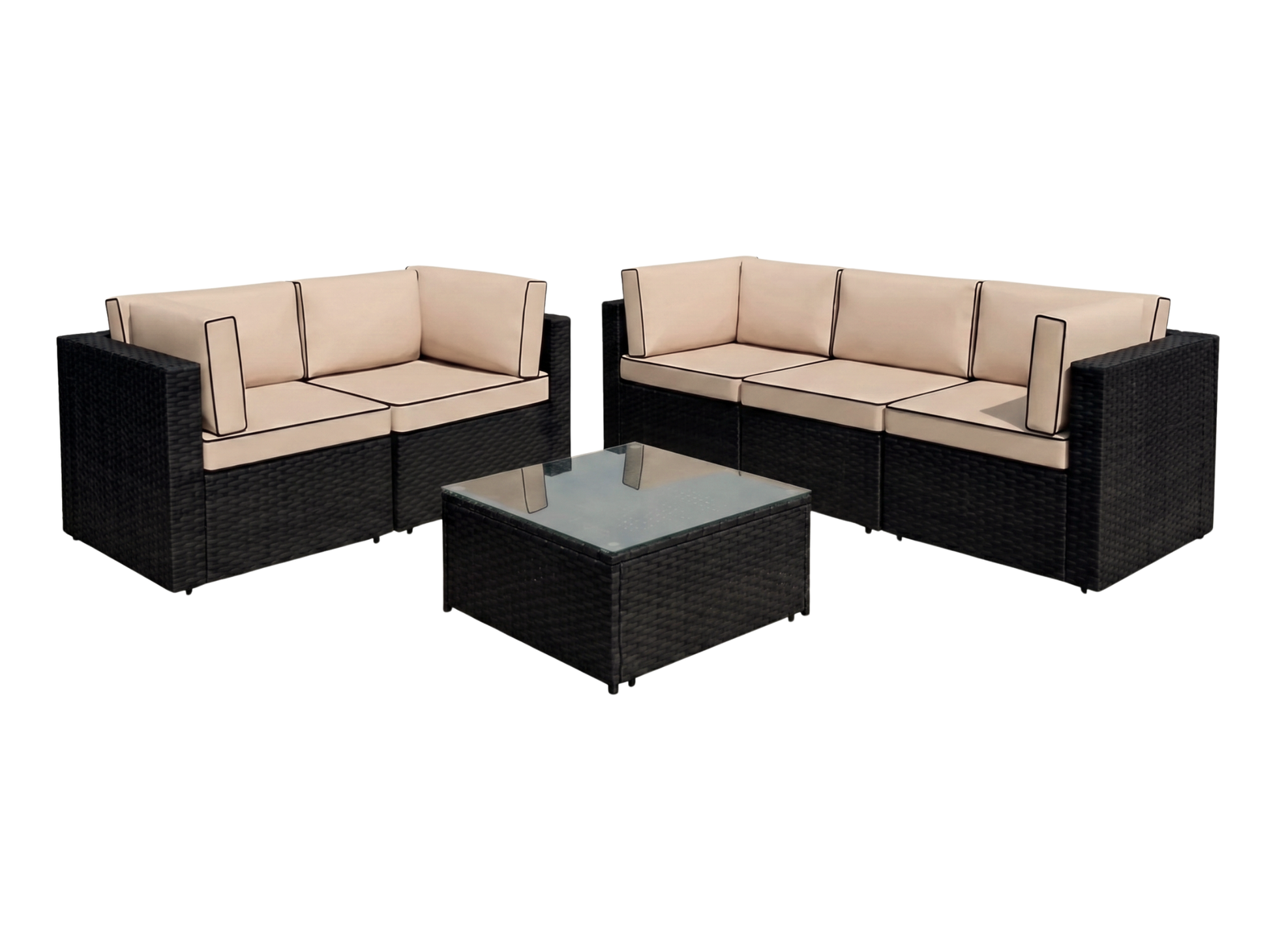 SUNSHINE 6PC LOUNGE SET - H 26" / W 52" / D 29.5" - 2pc Sofa H 26" / W 84.6" / D 29.5" - 3pc Sofa The Sunshine 6pc Lounge Set features 4 Sunshine corner sections and 1 Sunshine armless sections with glass top wicker coffee table. This contemporary style f