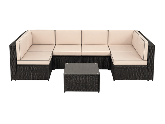 SUNSHINE 7PC "U" SHAPED SECTIONAL - The Sunshine "U" Shaped Sectional features 2 Sunshine corner sections and 4 Sunshine armless sections with glass top wicker coffee table. This contemporary style furniture will add flare to any outdoor event; perfect fo