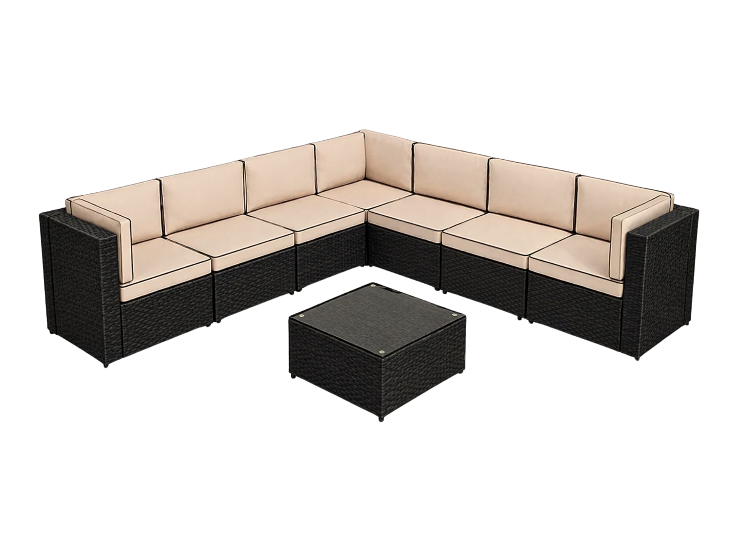 SUNSHINE 8PC "L" SHAPED SECTIONAL - The Sunshine 8pc "L" Shaped Sectional features 3 Sunshine corner sections and 4 Sunshine armless sections with glass top wicker coffee table. This contemporary style furniture will add flare to any outdoor event; perfec