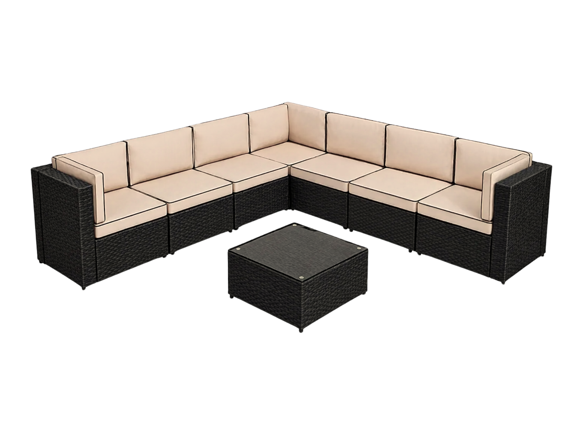 SUNSHINE 8PC "L" SHAPED SECTIONAL - The Sunshine 8pc "L" Shaped Sectional features 3 Sunshine corner sections and 4 Sunshine armless sections with glass top wicker coffee table. This contemporary style furniture will add flare to any outdoor event; perfec