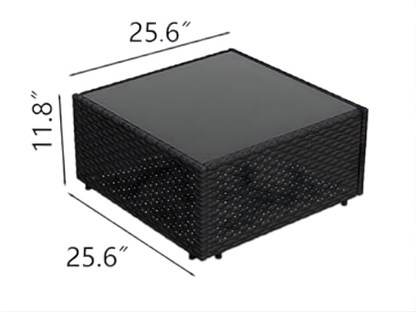 SUNSHINE WICKER GLASS TOP TABLE - H 11.8" / W 25.6" / D 25.6" The Sunshine Wicker Glass Top table contemporary styled furniture paired with any of the Sunshine Sectionals will add flare to any outdoor event; perfect for any time of the year.