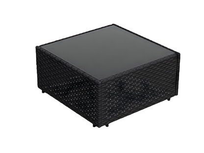 SUNSHINE WICKER GLASS TOP TABLE - H 11.8" / W 25.6" / D 25.6" The Sunshine Wicker Glass Top table contemporary styled furniture paired with any of the Sunshine Sectionals will add flare to any outdoor event; perfect for any time of the year.