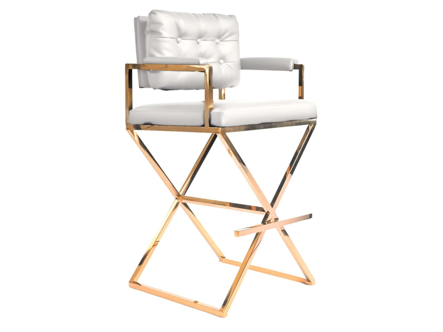 BARCELONA DIRECTOR'S CHAIR - WHITE W/ GOLD BASE - H 43" / H(seat) 30" / W 21" / D 23" Lights! Camera! Action! LLL's Barcelona Director's Chair in white is made to move. Not just for the movie set; this chair is also ideal for artists doing hair and makeup