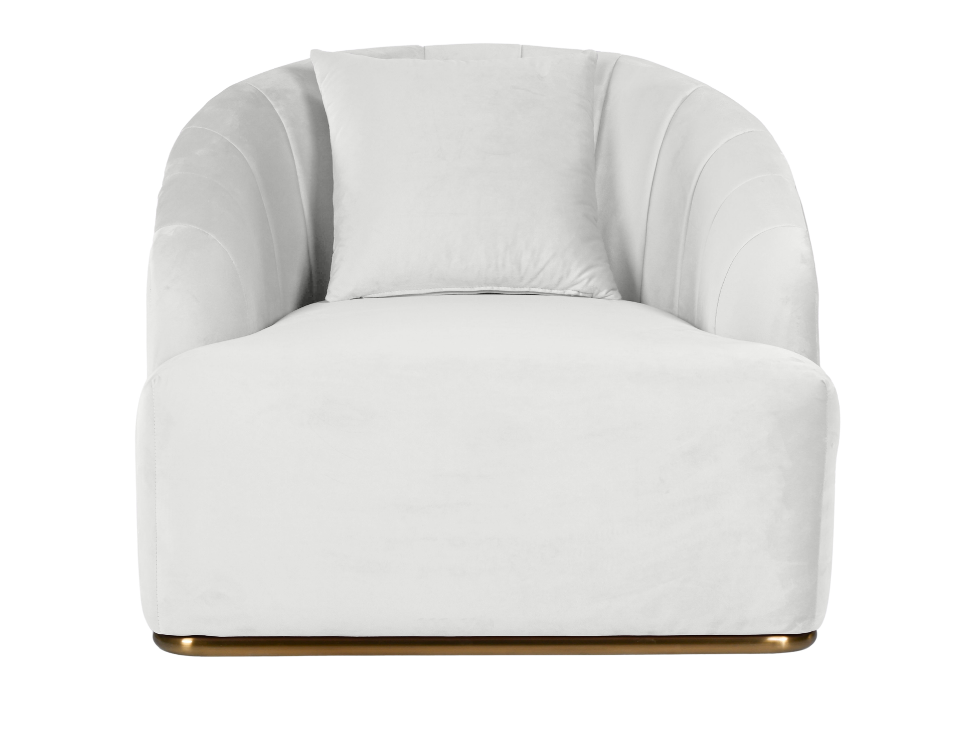 WORLD ARMCHAIR - CREAM - H 29" / W 38" / D 39" *Accepting Orders Now, Available April 2026 The World Armchair in Cream features plush velvet material, a channel tufted backrest, and a gold base. Perfect for any event. Explore the WORLD COLLECTION inspired