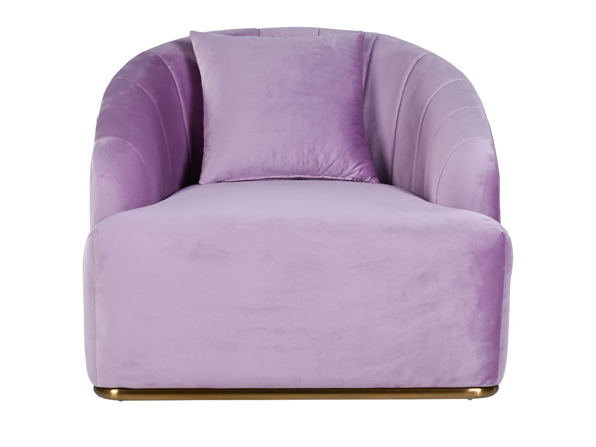 WORLD ARMCHAIR - LAVENDER - H 29" / W 38" / D 39" *Accepting Orders Now, Available April 2026 The World Armchair in Lavender features plush velvet material, a channel tufted backrest, and a gold base. Perfect for any event. Explore the WORLD COLLECTION in