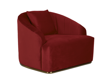 WORLD ARMCHAIR - MERLOT - H 29" / W 38" / D 39" *Accepting Orders Now, Available April 2026 The World Armchair in Burgundy features plush velvet material, a channel tufted backrest, and a gold base. Perfect for any event. Explore the WORLD COLLECTION insp