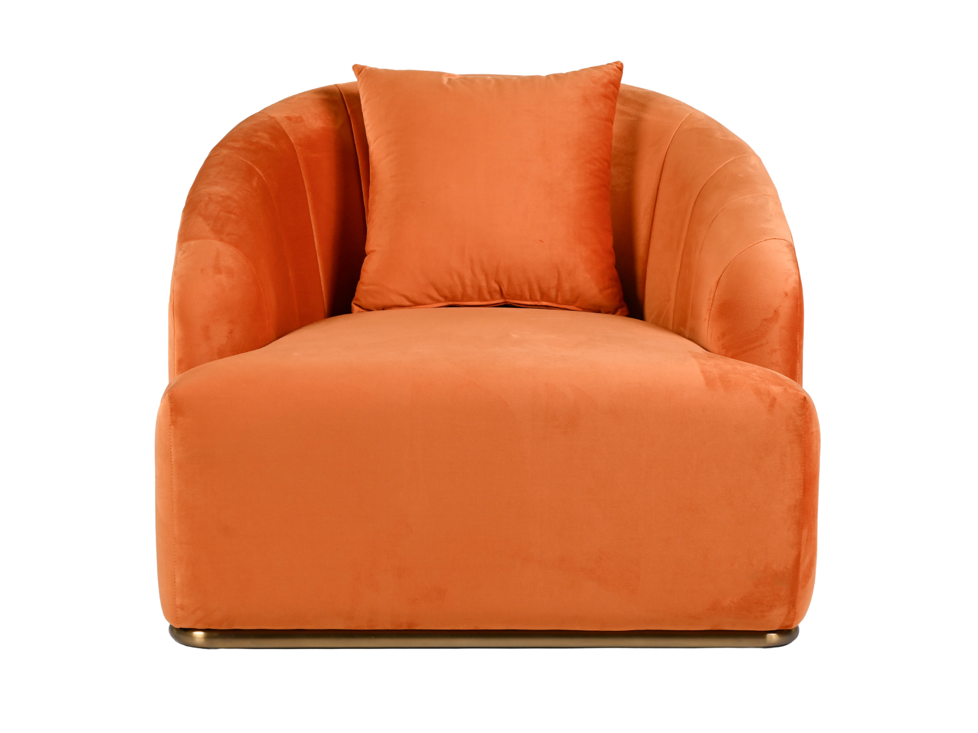 WORLD ARMCHAIR - ORANGE - H 29" / W 38" / D 39" *Accepting Orders Now, Available April 2026 The World Armchair in Orange features plush velvet material, a channel tufted backrest, and a gold base. Perfect for any event. Explore the WORLD COLLECTION inspir