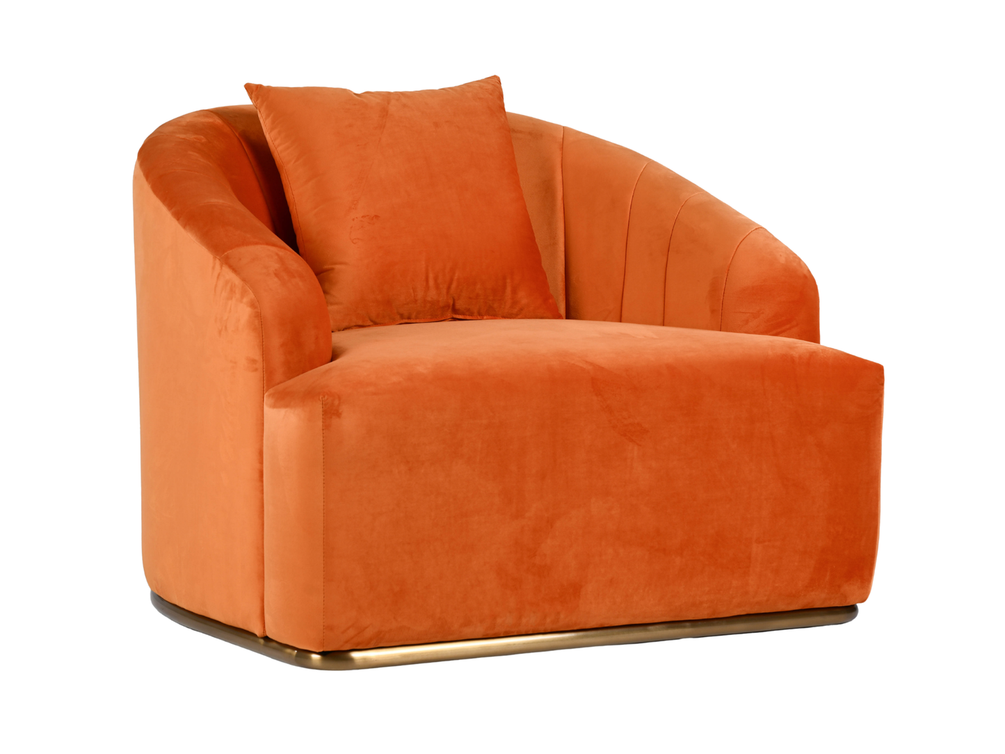 WORLD ARMCHAIR - ORANGE - H 29" / W 38" / D 39" *Accepting Orders Now, Available April 2026 The World Armchair in Orange features plush velvet material, a channel tufted backrest, and a gold base. Perfect for any event. Explore the WORLD COLLECTION inspir