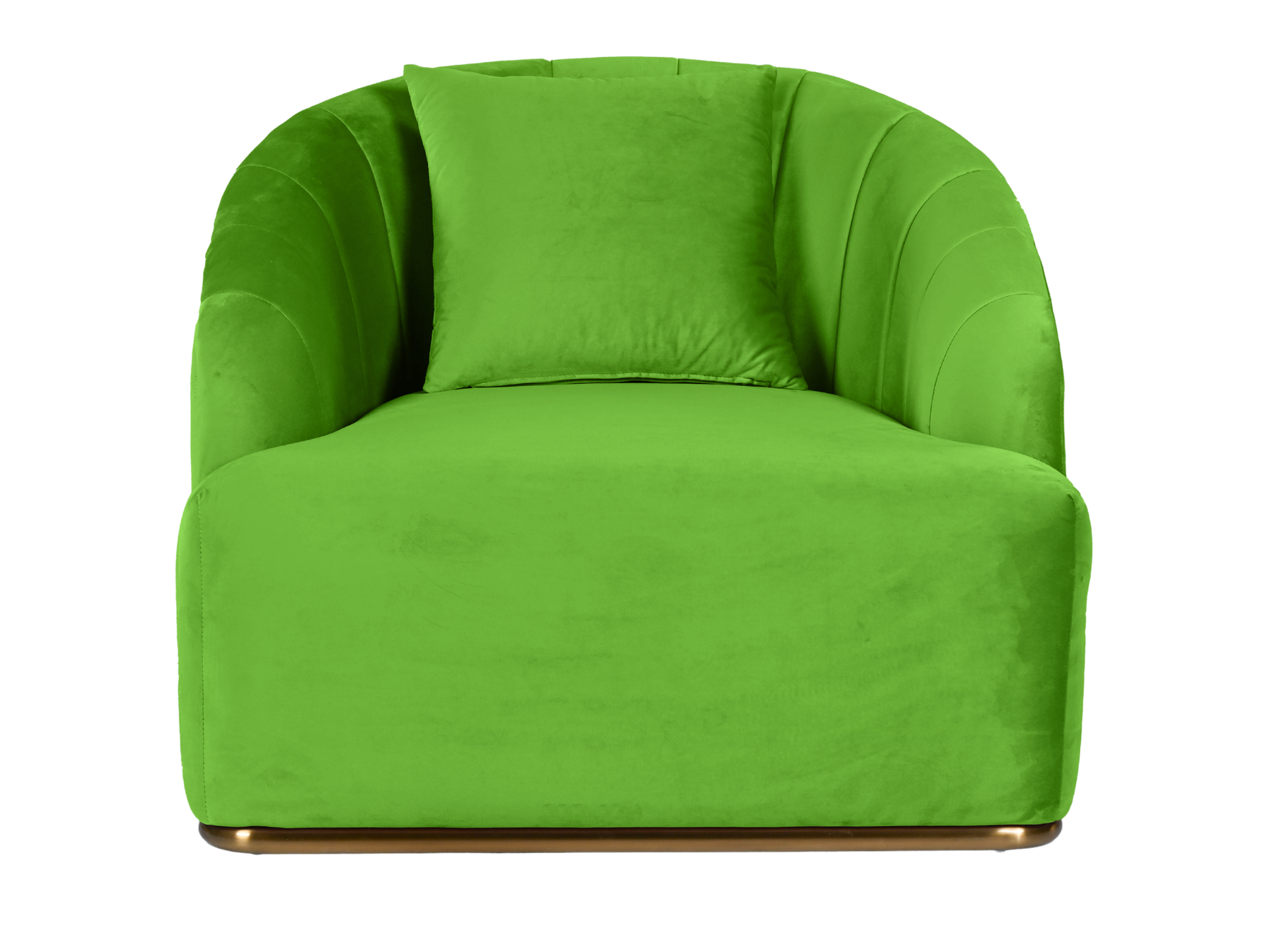 WORLD ARMCHAIR - PARROT GREEN - H 29" / W 38" / D 39" *Accepting Orders Now, Available April 2026 The World Armchair in Parrot Green features plush velvet material, a channel tufted backrest, and a gold base. Perfect for any event. Explore the WORLD COLLE