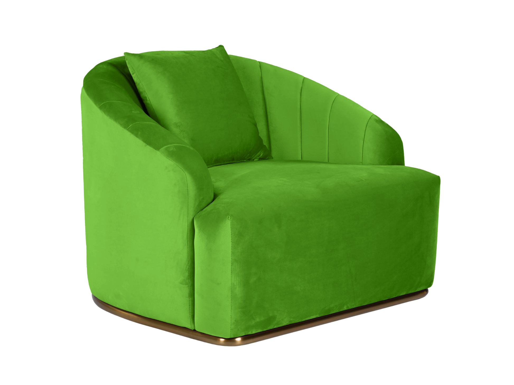 WORLD ARMCHAIR - PARROT GREEN - H 29" / W 38" / D 39" *Accepting Orders Now, Available April 2026 The World Armchair in Parrot Green features plush velvet material, a channel tufted backrest, and a gold base. Perfect for any event. Explore the WORLD COLLE