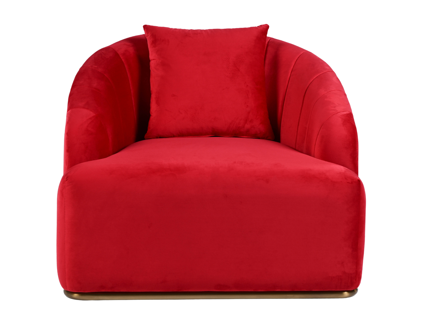 WORLD ARMCHAIR - RED - H 29" / W 38" / D 39" *Accepting Orders Now, Available April 2026 The World Armchair in Red features plush velvet material, a channel tufted backrest, and a gold base. Perfect for any event. Explore the WORLD COLLECTION inspired by
