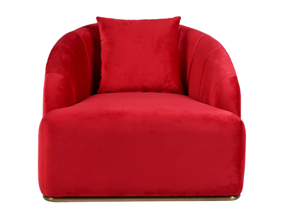 WORLD ARMCHAIR - RED - H 29" / W 38" / D 39" *Accepting Orders Now, Available April 2026 The World Armchair in Red features plush velvet material, a channel tufted backrest, and a gold base. Perfect for any event. Explore the WORLD COLLECTION inspired by