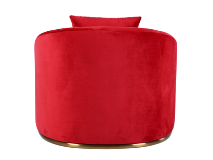 WORLD ARMCHAIR - RED - H 29" / W 38" / D 39" *Accepting Orders Now, Available April 2026 The World Armchair in Red features plush velvet material, a channel tufted backrest, and a gold base. Perfect for any event. Explore the WORLD COLLECTION inspired by