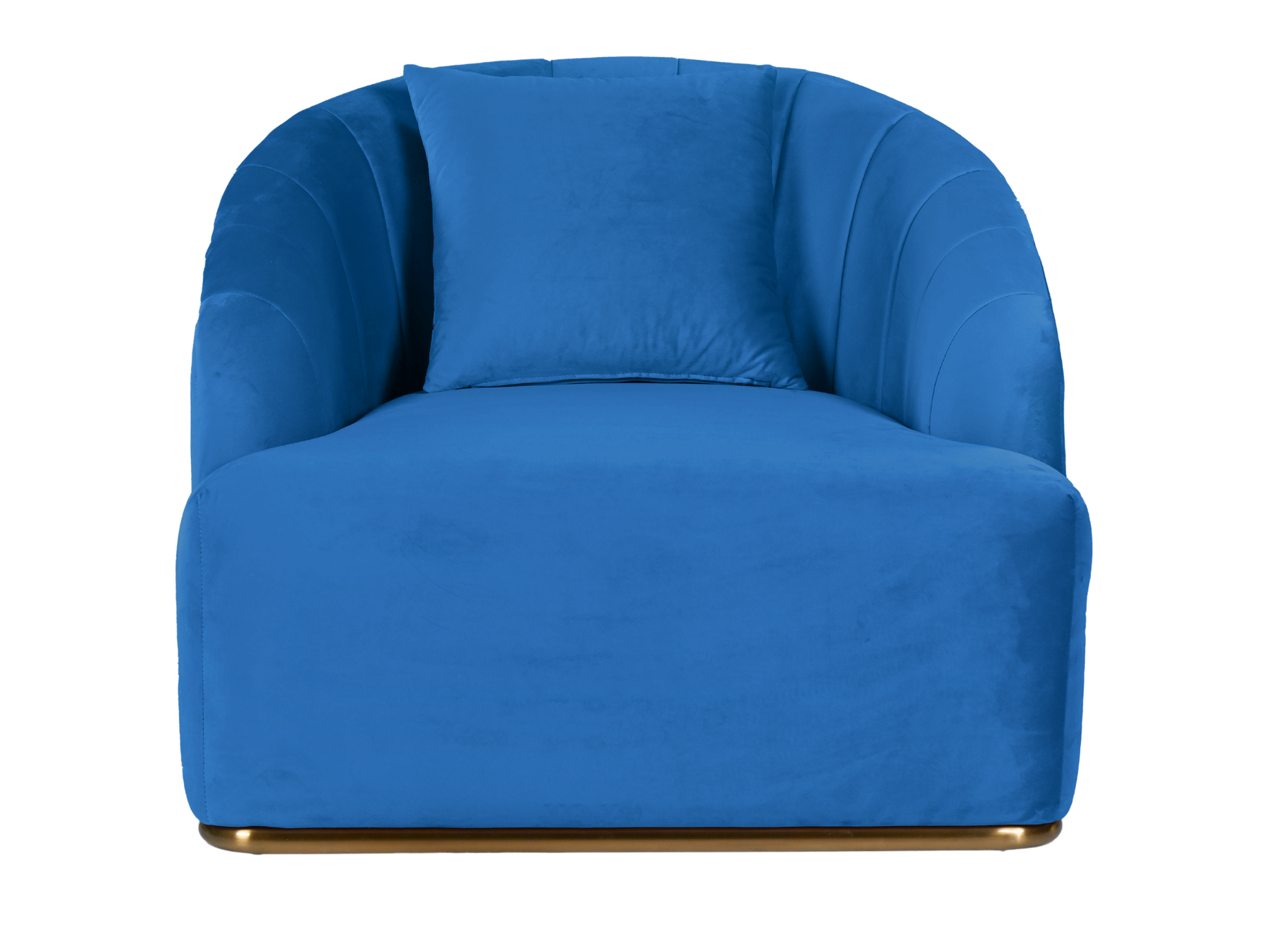 WORLD ARMCHAIR - ROYAL BLUE - H 29" / W 38" / D 39" *Accepting Orders Now, Available April 2026 The World Armchair in Royal Blue features plush velvet material, a channel tufted backrest, and a gold base. Perfect for any event. Explore the WORLD COLLECTIO