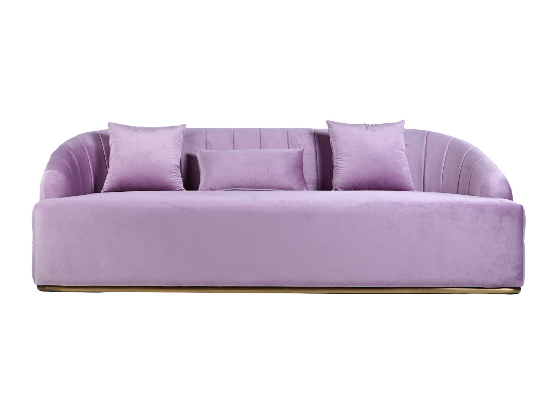 WORLD SOFA - LAVENDER - H 29" / W 92" / D 38" *Accepting Orders Now, Available April 2026 The World Sofa in Lavender features plush velvet material, a channel tufted backrest, and a gold base. Perfect for any event. Explore the WORLD COLLECTION inspired b
