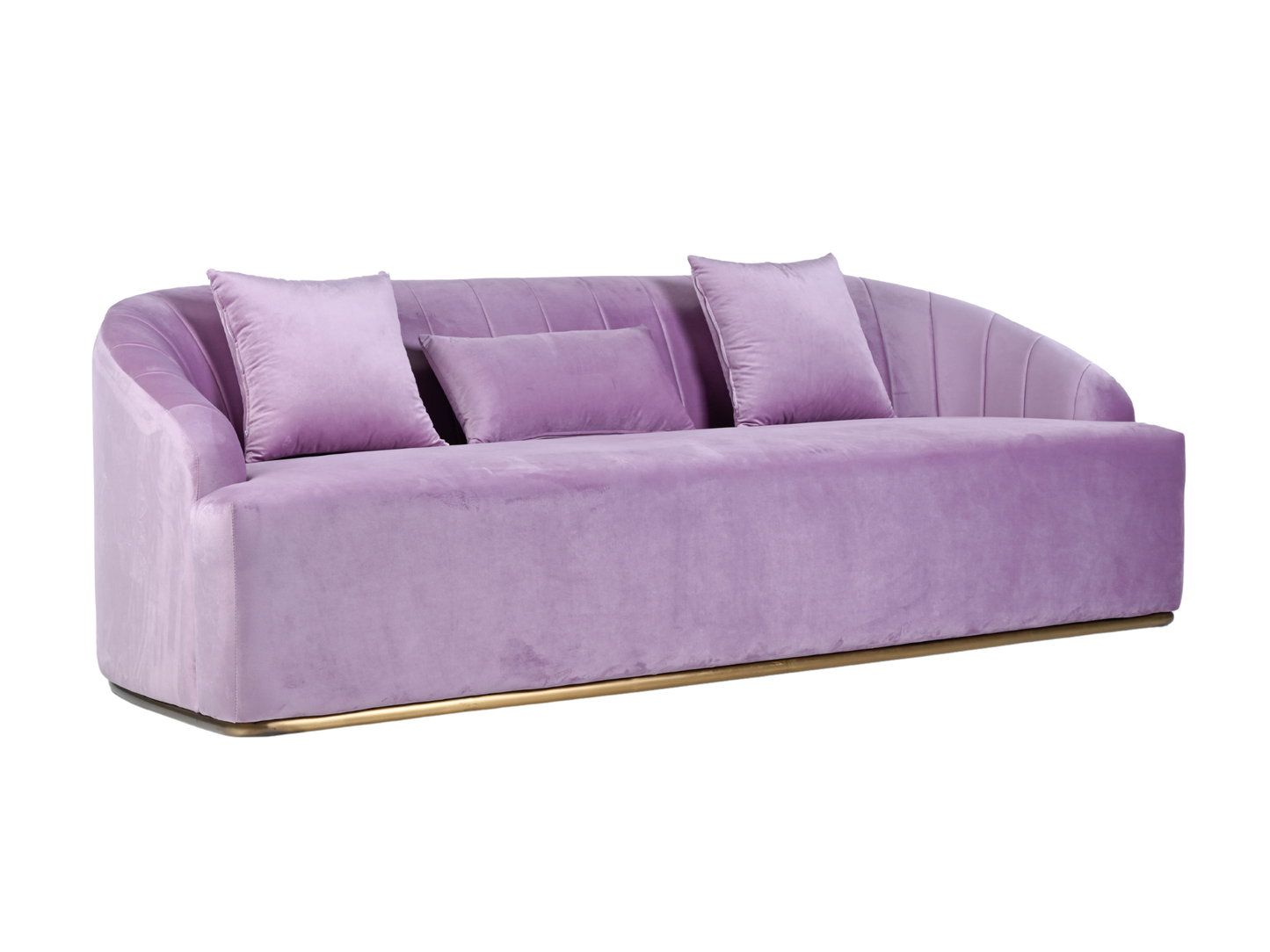 WORLD SOFA - LAVENDER - H 29" / W 92" / D 38" *Accepting Orders Now, Available April 2026 The World Sofa in Lavender features plush velvet material, a channel tufted backrest, and a gold base. Perfect for any event. Explore the WORLD COLLECTION inspired b