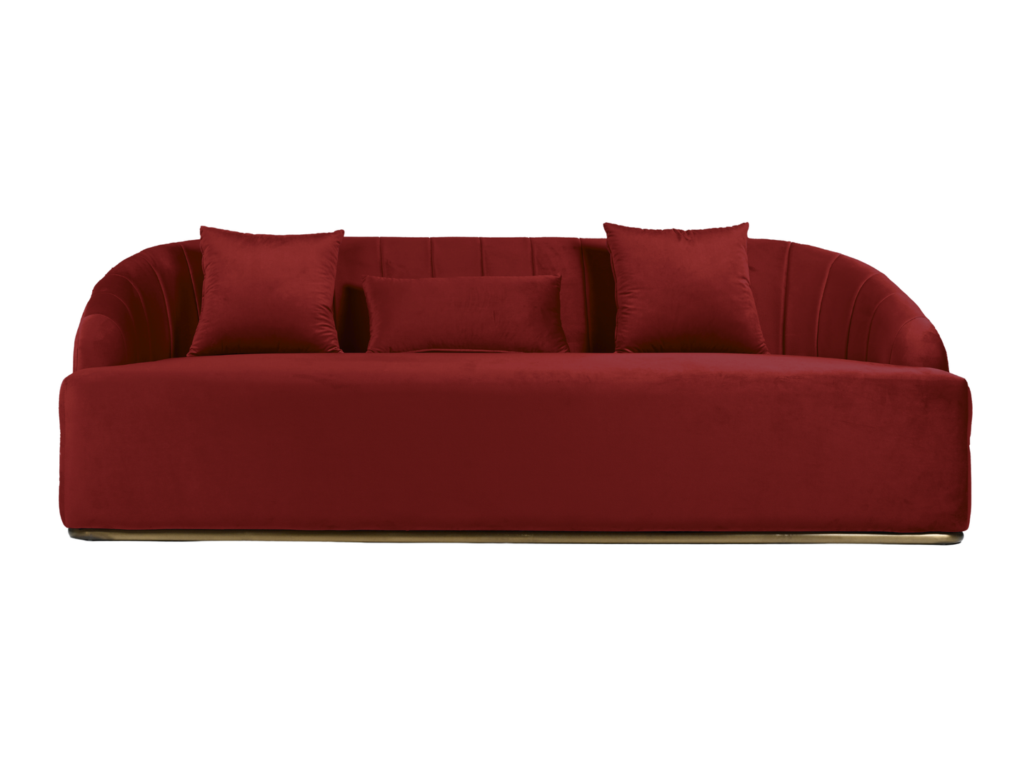 WORLD SOFA - MERLOT - H 29" / W 92" / D 38" *Accepting Orders Now, Available April 2026 The World Sofa in Burgundy features plush velvet material, a channel tufted backrest, and a gold base. Perfect for any event. Explore the WORLD COLLECTION inspired by