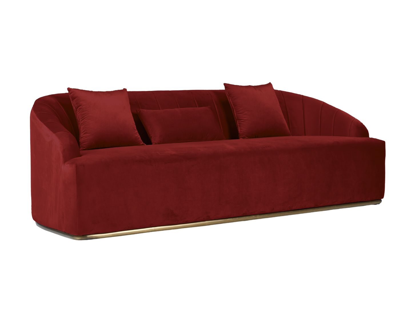 WORLD SOFA - MERLOT - H 29" / W 92" / D 38" *Accepting Orders Now, Available April 2026 The World Sofa in Burgundy features plush velvet material, a channel tufted backrest, and a gold base. Perfect for any event. Explore the WORLD COLLECTION inspired by