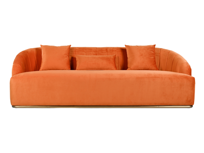 WORLD SOFA - ORANGE - H 29" / W 92" / D 38" *Accepting Orders Now, Available April 2026 The World Sofa in Orange features plush velvet material, a channel tufted backrest, and a gold base. Perfect for any event. Explore the WORLD COLLECTION inspired by FI