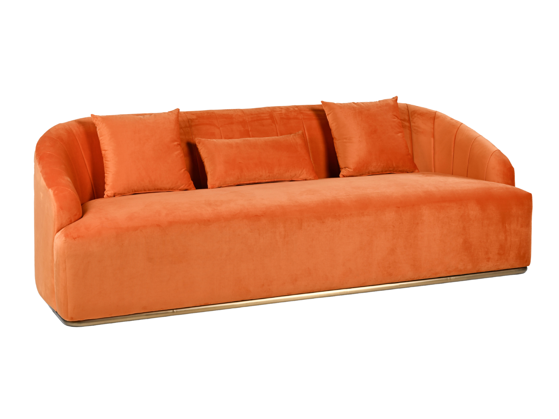 WORLD SOFA - ORANGE - H 29" / W 92" / D 38" *Accepting Orders Now, Available April 2026 The World Sofa in Orange features plush velvet material, a channel tufted backrest, and a gold base. Perfect for any event. Explore the WORLD COLLECTION inspired by FI