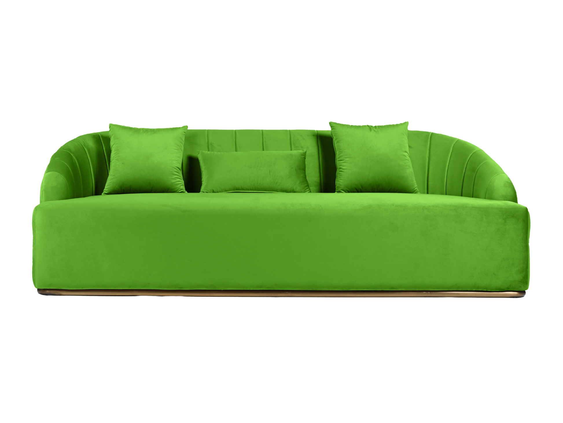 WORLD SOFA - PARROT GREEN - H 29" / W 92" / D 38" *Accepting Orders Now, Available April 2026 The World Sofa in Parrot Green features plush velvet material, a channel tufted backrest, and a gold base. Perfect for any event. Explore the WORLD COLLECTION in