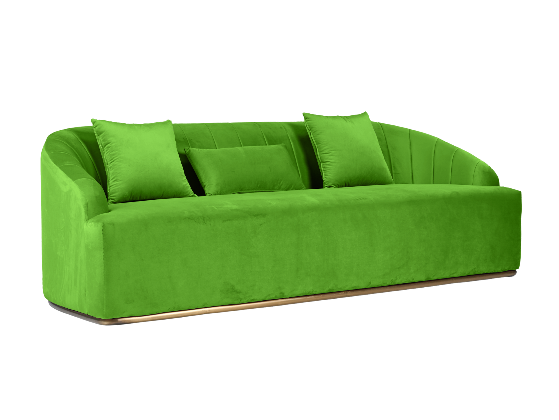 WORLD SOFA - PARROT GREEN - H 29" / W 92" / D 38" *Accepting Orders Now, Available April 2026 The World Sofa in Parrot Green features plush velvet material, a channel tufted backrest, and a gold base. Perfect for any event. Explore the WORLD COLLECTION in