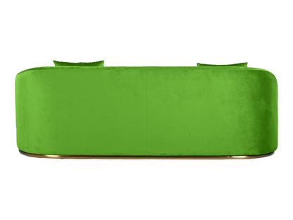 WORLD SOFA - PARROT GREEN - H 29" / W 92" / D 38" *Accepting Orders Now, Available April 2026 The World Sofa in Parrot Green features plush velvet material, a channel tufted backrest, and a gold base. Perfect for any event. Explore the WORLD COLLECTION in