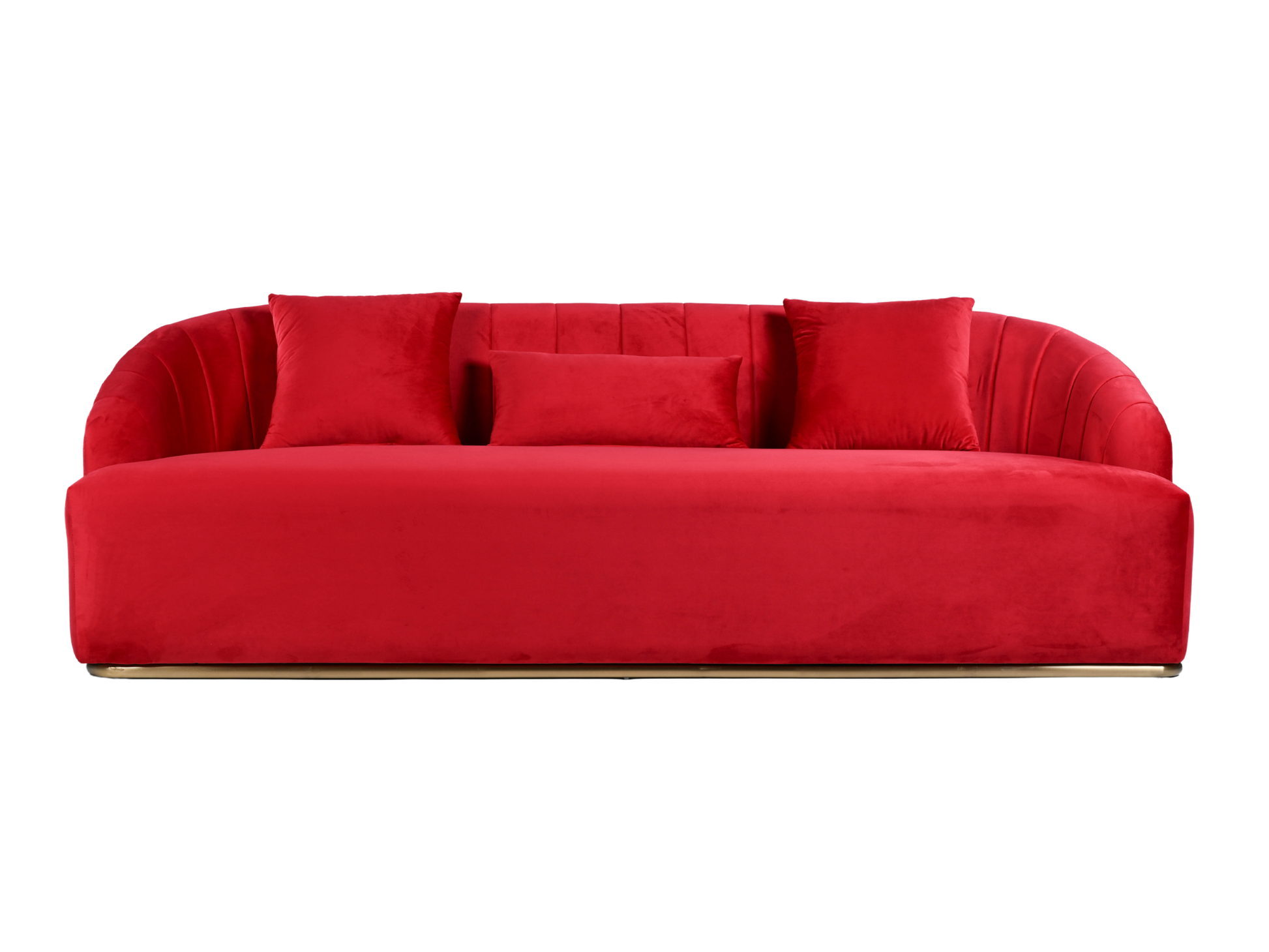 WORLD SOFA - RED - H 29" / W 92" / D 38" *Accepting Orders Now, Available April 2026 The World Sofa in Red features plush velvet material, a channel tufted backrest, and a gold base. Perfect for any event. Explore the WORLD COLLECTION inspired by FIFA Wor