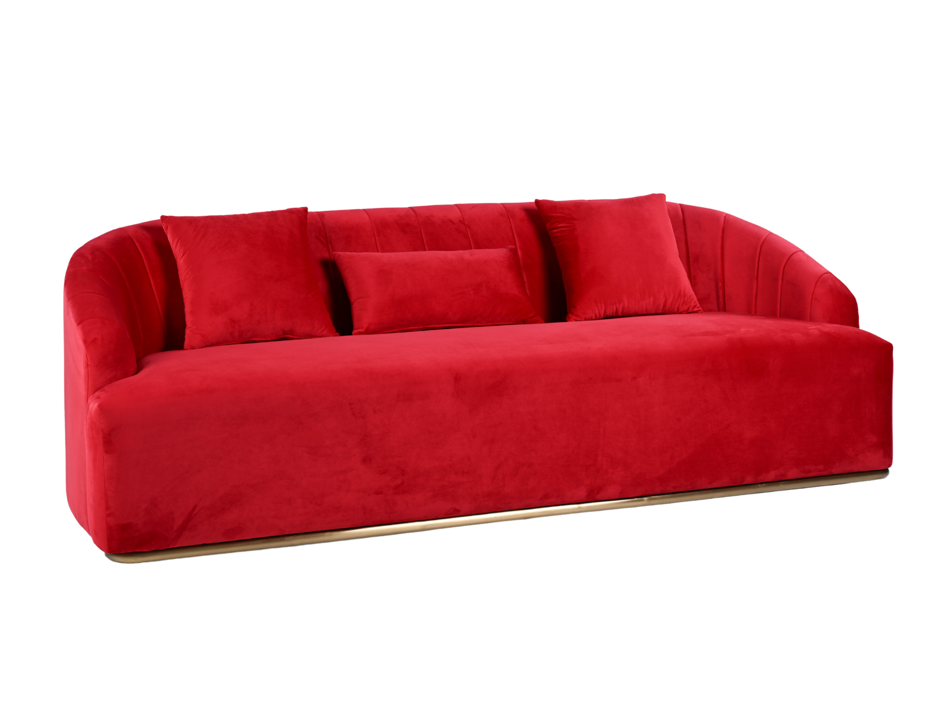 WORLD SOFA - RED - H 29" / W 92" / D 38" *Accepting Orders Now, Available April 2026 The World Sofa in Red features plush velvet material, a channel tufted backrest, and a gold base. Perfect for any event. Explore the WORLD COLLECTION inspired by FIFA Wor