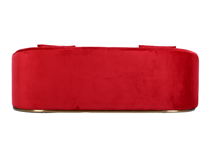 WORLD SOFA - RED - H 29" / W 92" / D 38" *Accepting Orders Now, Available April 2026 The World Sofa in Red features plush velvet material, a channel tufted backrest, and a gold base. Perfect for any event. Explore the WORLD COLLECTION inspired by FIFA Wor