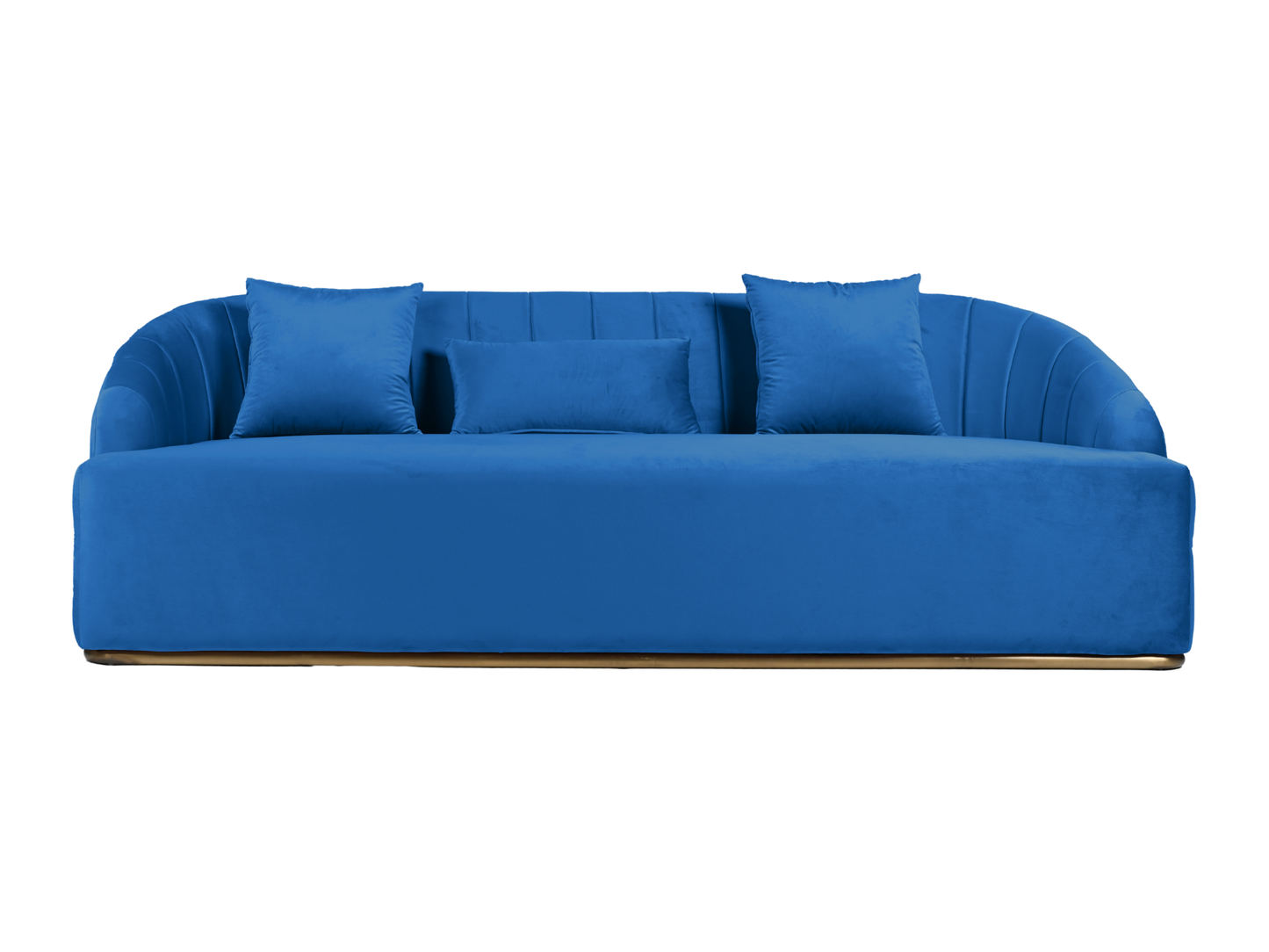 WORLD SOFA - ROYAL BLUE - H 29" / W 92" / D 38" *Accepting Orders Now, Available April 2026 The World Sofa in Royal Blue features plush velvet material, a channel tufted backrest, and a gold base. Perfect for any event. Explore the WORLD COLLECTION inspir