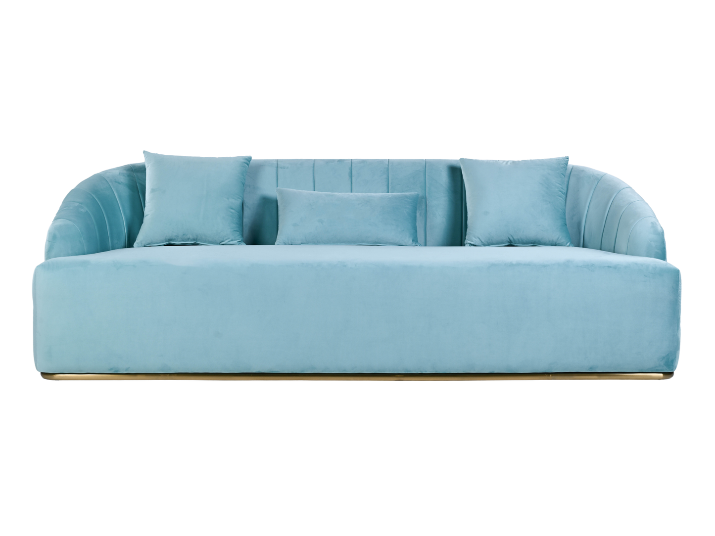 WORLD SOFA - TIFFANY - H 29" / W 92" / D 38" *Accepting Orders Now, Available April 2026 The World Sofa in Tiffany features plush velvet material, a channel tufted backrest, and a gold base. Perfect for any event. Explore the WORLD COLLECTION inspired by