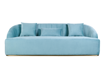 WORLD SOFA - TIFFANY - H 29" / W 92" / D 38" *Accepting Orders Now, Available April 2026 The World Sofa in Tiffany features plush velvet material, a channel tufted backrest, and a gold base. Perfect for any event. Explore the WORLD COLLECTION inspired by