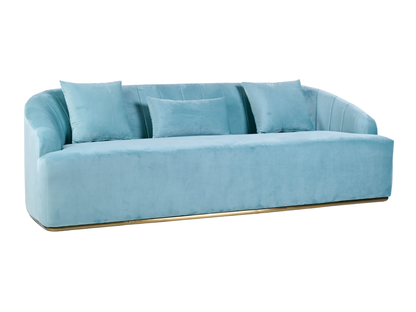 WORLD SOFA - TIFFANY - H 29" / W 92" / D 38" *Accepting Orders Now, Available April 2026 The World Sofa in Tiffany features plush velvet material, a channel tufted backrest, and a gold base. Perfect for any event. Explore the WORLD COLLECTION inspired by