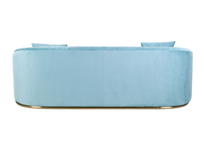 WORLD SOFA - TIFFANY - H 29" / W 92" / D 38" *Accepting Orders Now, Available April 2026 The World Sofa in Tiffany features plush velvet material, a channel tufted backrest, and a gold base. Perfect for any event. Explore the WORLD COLLECTION inspired by