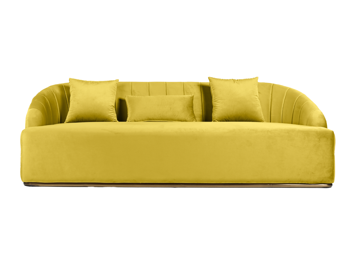 WORLD SOFA - YELLOW - H 29" / W 92" / D 38" *Accepting Orders Now, Available April 2026 The World Sofa in Yellow features plush velvet material, a channel tufted backrest, and a gold base. Perfect for any event. Explore the WORLD COLLECTION inspired by FI