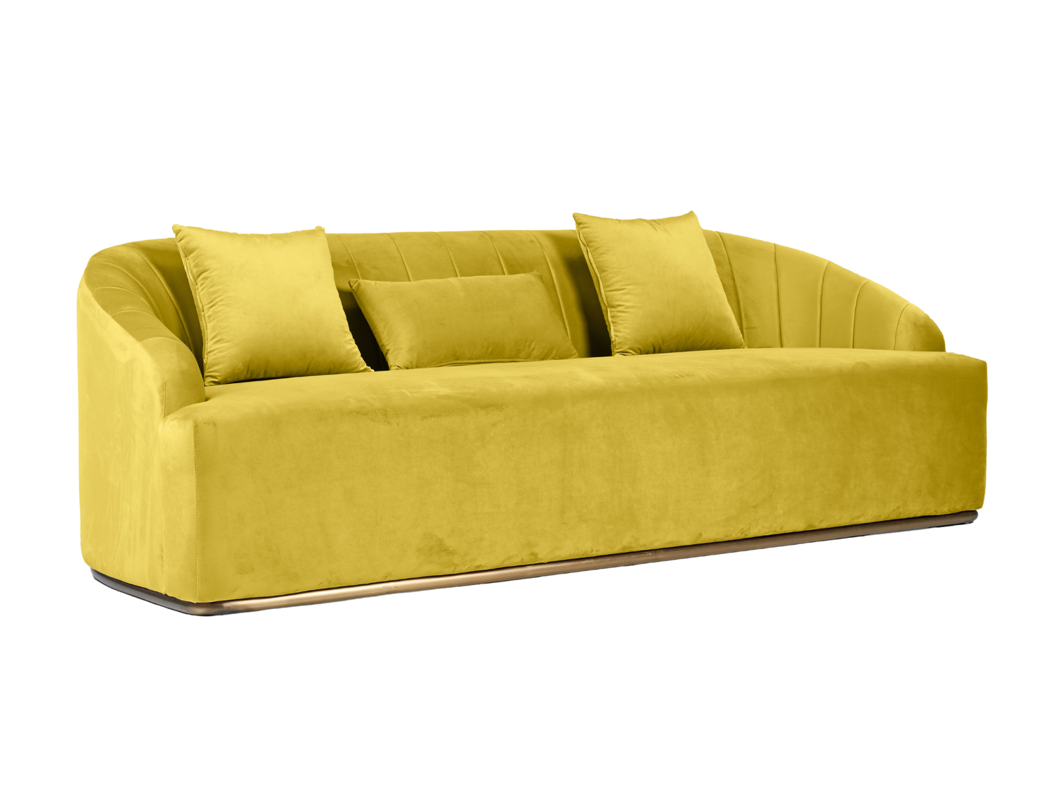 WORLD SOFA - YELLOW - H 29" / W 92" / D 38" *Accepting Orders Now, Available April 2026 The World Sofa in Yellow features plush velvet material, a channel tufted backrest, and a gold base. Perfect for any event. Explore the WORLD COLLECTION inspired by FI