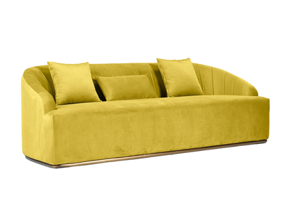 WORLD SOFA - YELLOW - H 29" / W 92" / D 38" *Accepting Orders Now, Available April 2026 The World Sofa in Yellow features plush velvet material, a channel tufted backrest, and a gold base. Perfect for any event. Explore the WORLD COLLECTION inspired by FI