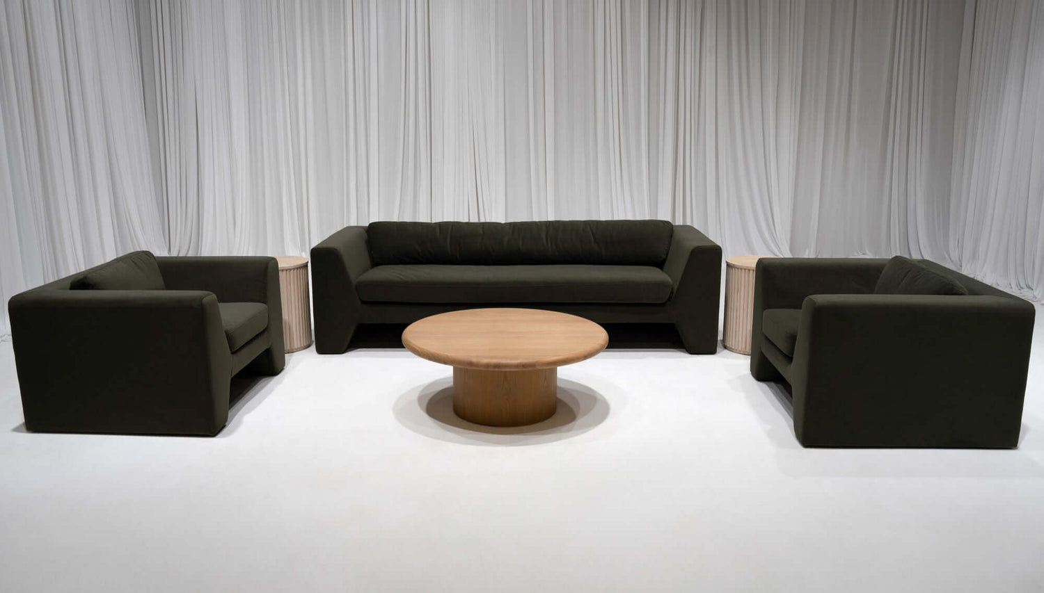 ZELDA SOFA GROUPING 3 - MOSS GREEN - Featured Items in this grouping include: Zelda Sofa - Moss Green Zelda Armchair - Moss Green Lena Coffee Table Fairmont Fluted Accent Table - Natural Wood
