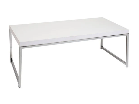METRO COFFEE TABLE - WHITE/CHROME - H 15" / W 44" / D 22.5" The Metro Coffee Table is a white coffee table with chrome trim and legs. This chic coffee table will accent both black and white furniture. Try pairing the Metro Sofa and Chair to complete the l