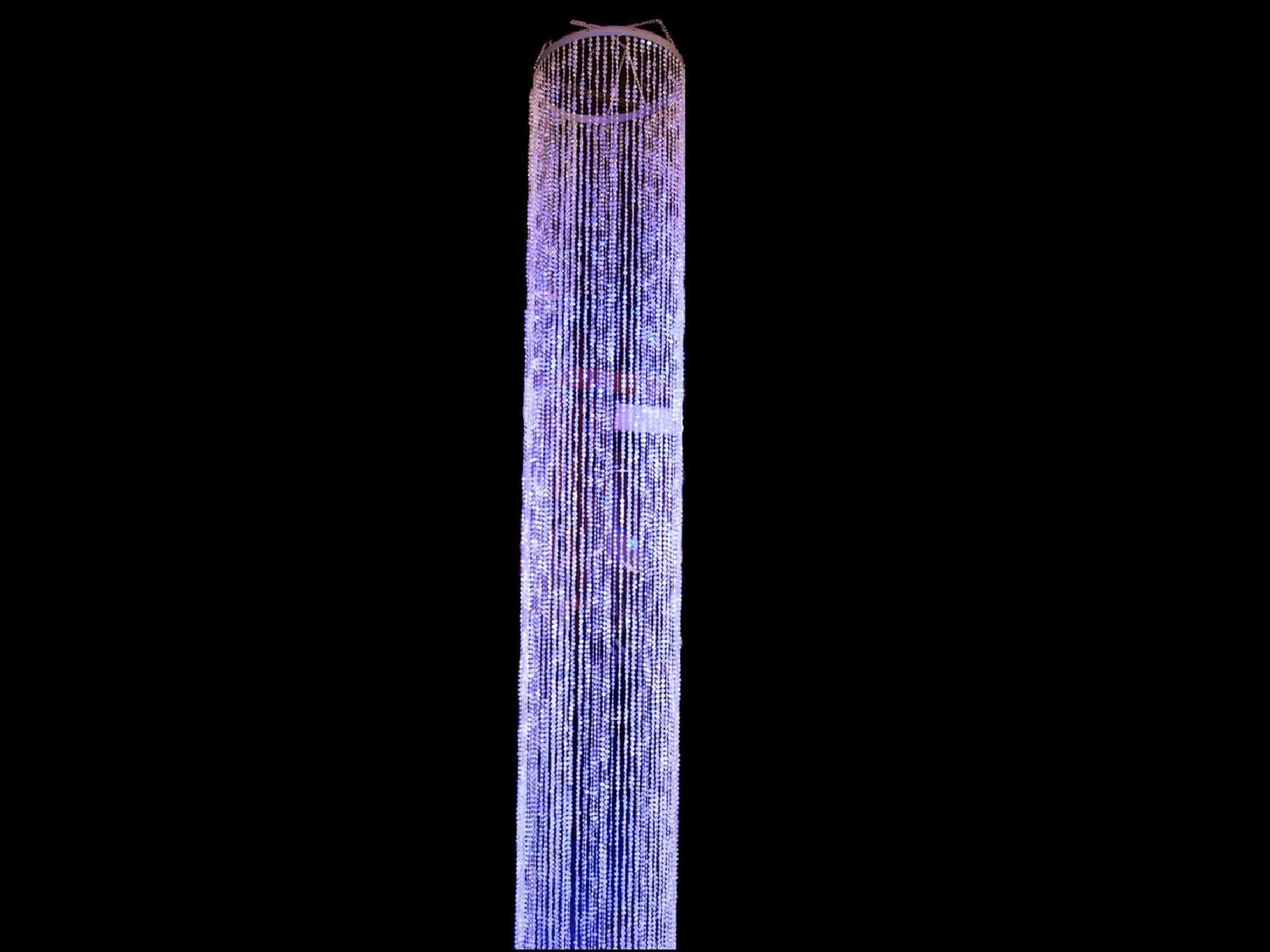 CHANDELIER | BEADED HALO 20ft - H 20' / 18" Diameter LLL's Beaded Halo Chandelier is an extra tall acrylic crystal chandelier column that is guaranteed to dazzle and delight at large event venues with high ceilings.