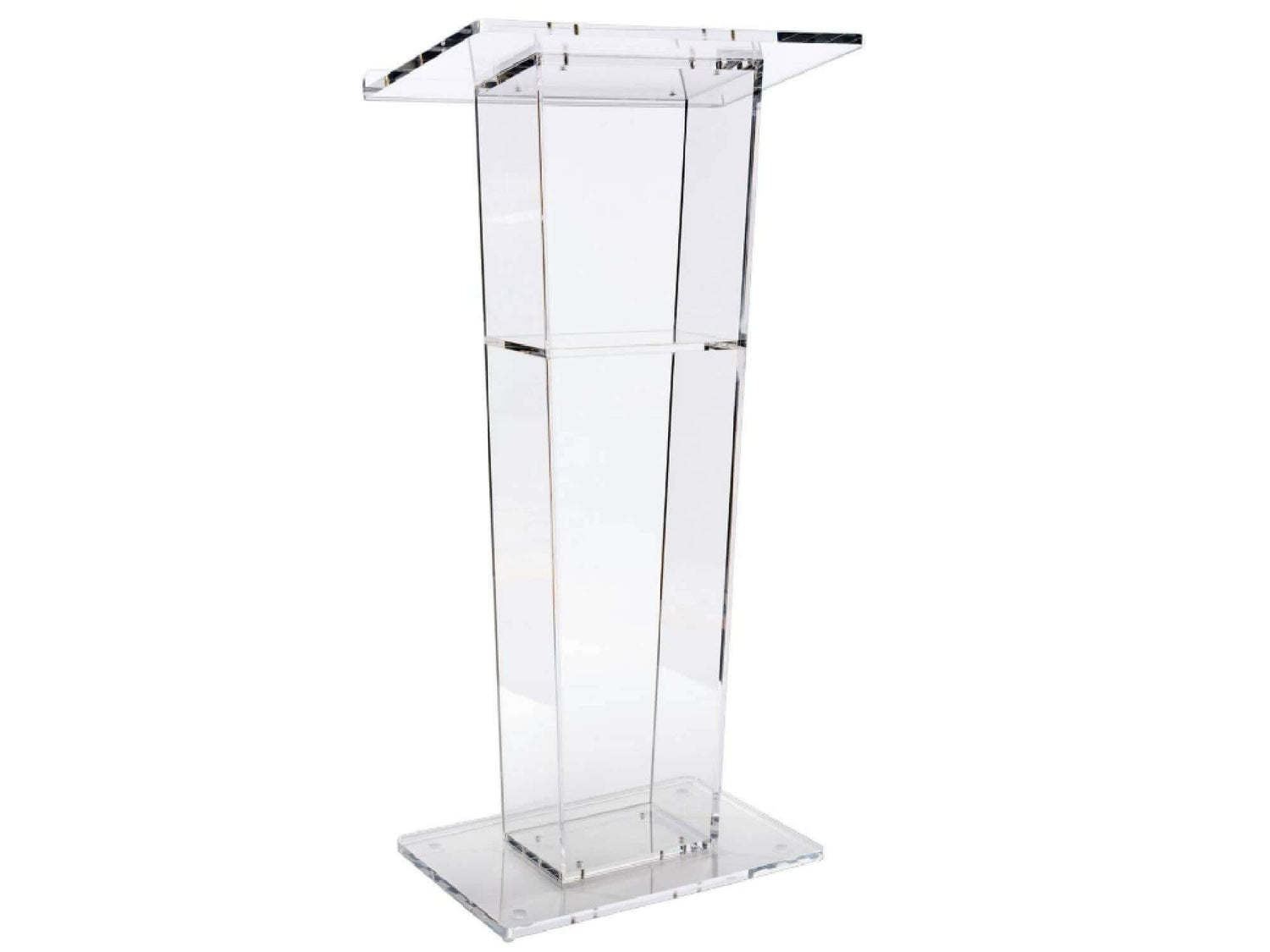 ACRYLIC PODIUM - H 48" / W 16" / D 12" Brandable Area: Please refer to the guidelines. LLL's acrylic podium is a transparent traditional style slanted podium. This piece looks great on stage and is perfect for weddings, corporate events, and places of wor
