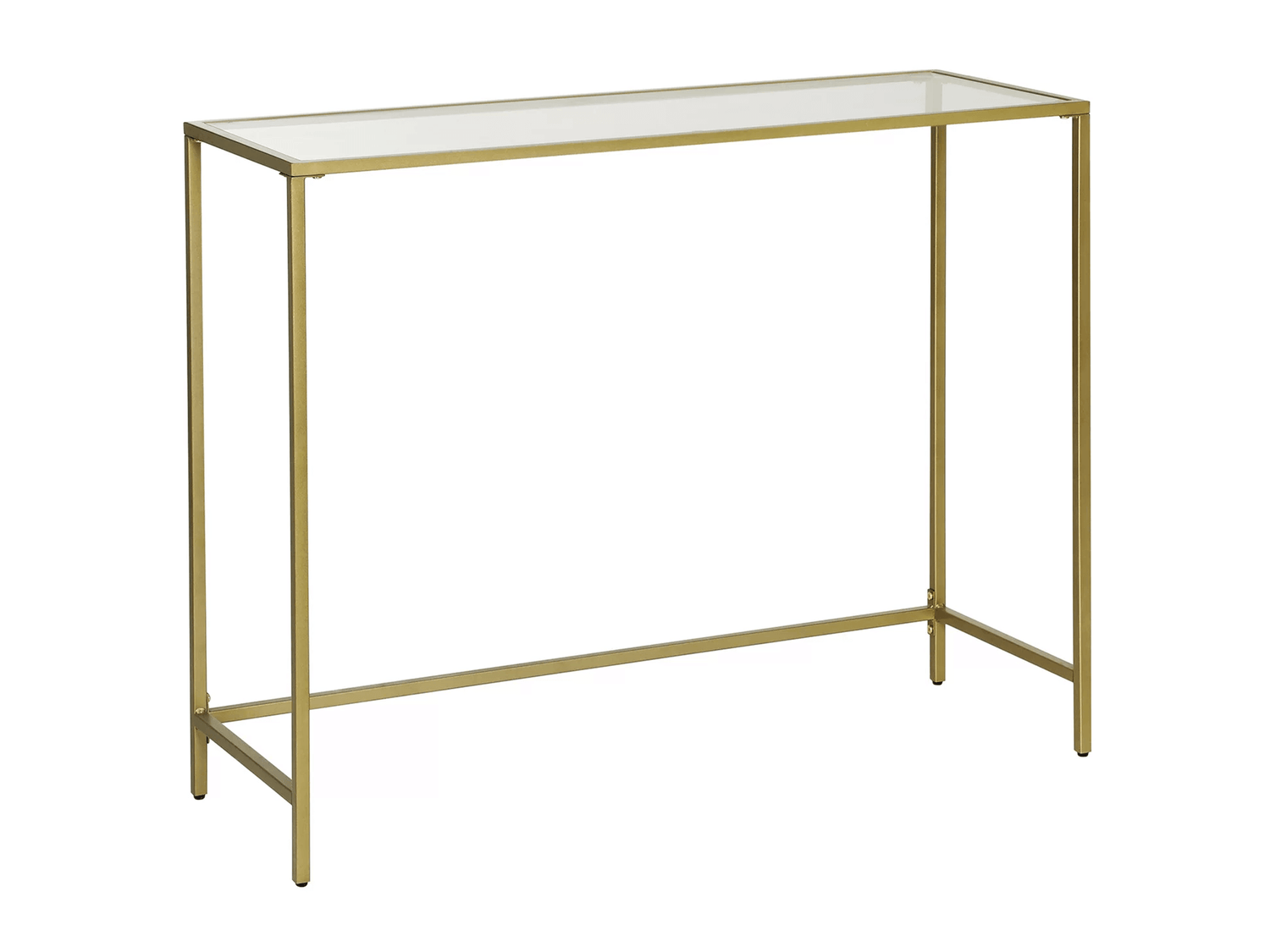 ADELE CONSOLE TABLE - H 31.5" / W 39.4" / D 13.8" The LLL Adele Console Table has a sleek gold frame table with a glass top. This console table balances simplicity with style. This piece can be paired nicely with any of our gold accented sofas such as the