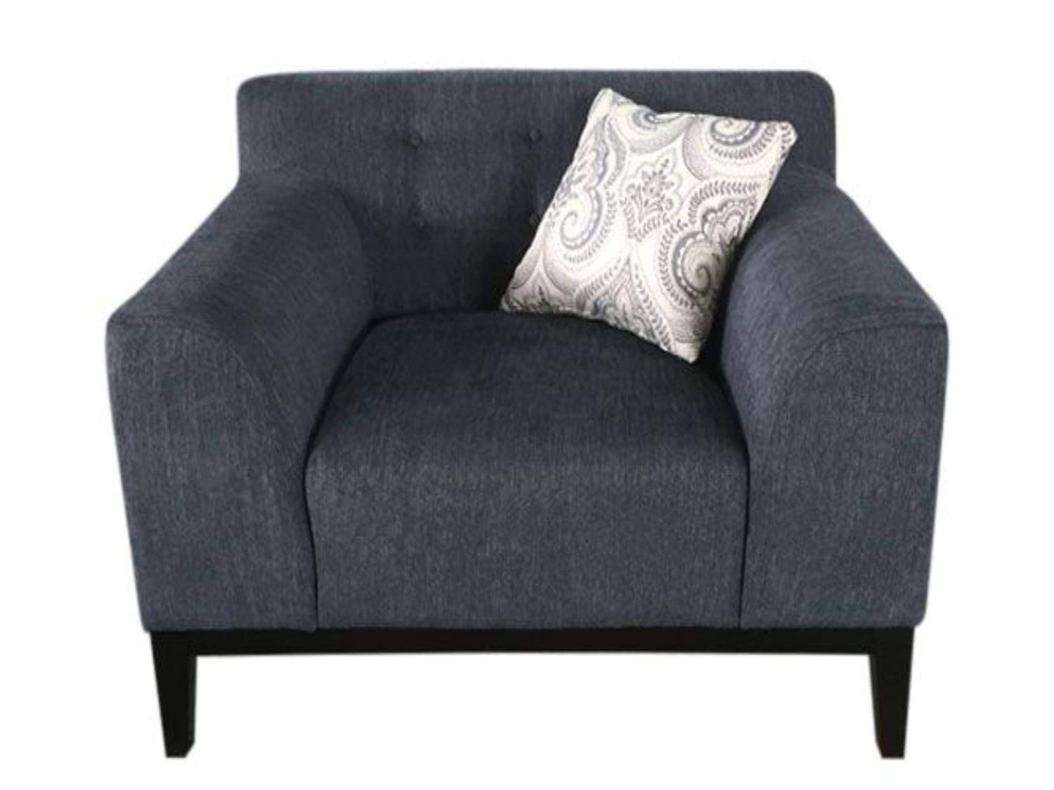 AMSTERDAM ARMCHAIR - H 30" / W 47" / D 37" LLL's Amsterdam Armchair is a deep and wide fabric armchair in blue with dark wooden legs. This chair is the perfect addition to an event space; it is plush and comfortable and adds a pop of color that is enticin