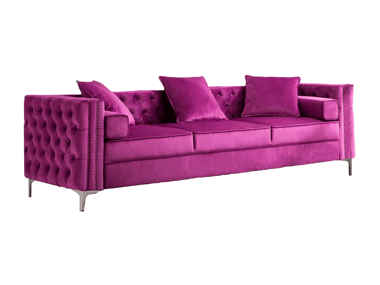 ARIA SOFA - MAGENTA - H 32" / W 104" / D 32.5" The Aria Sofa in Magenta is a velvet mid-century modern button tufted sofa with silver legs. Add this sofa for a bright pop of color for your event space. This playful sofa is deep, plush and comfortable and