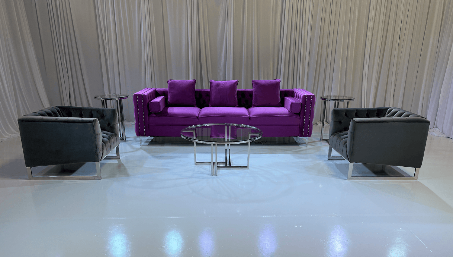 ARIA SOFA GROUPING 1 - Featured Items in this grouping include: Aria Sofa - Magenta Dublin Armchair - Grey Miami Coffee Table Miami Accent Table