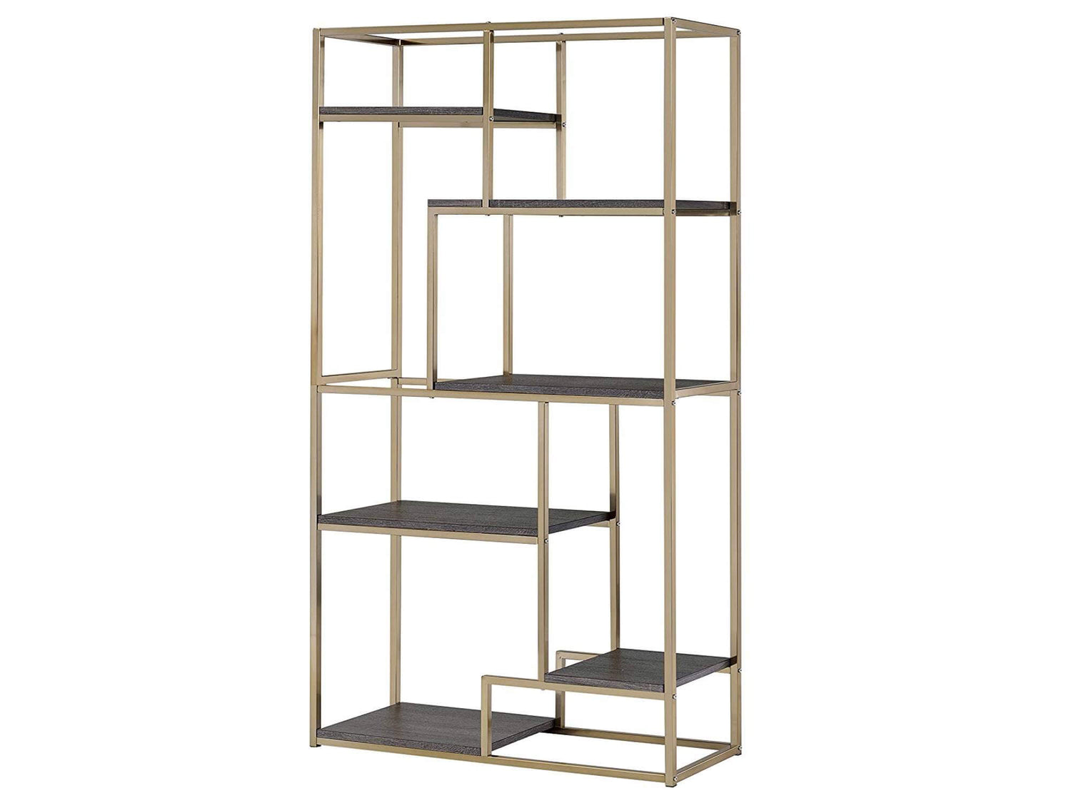 BELVEDERE DISPLAY UNIT - GOLD - H 70.25" / W 38" / D 13.25" LLL's Belvedere Display Unit in Gold is a metal shelving unit with cubby style shelves of varying sizes. This unique bookcase is ideal for displaying a variety of items and its metallic color all
