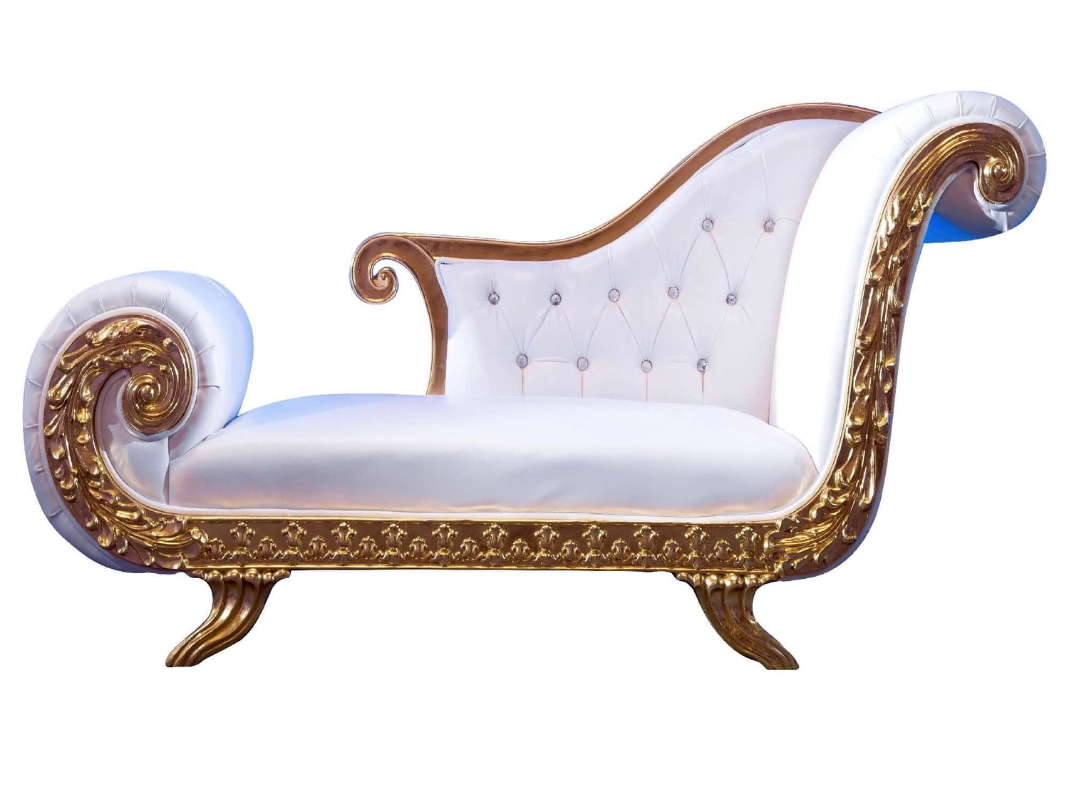 CAIRO CHAISE LOUNGE - H 35" / W 80" / D 32" / D(seat) 24" The Cairo chaise lounge is old Hollywood glamour. This lounge is dramatic and can give a beautiful stylized feel to any event. Its curvaceous gold lines and intricate carvings give a nod to a class