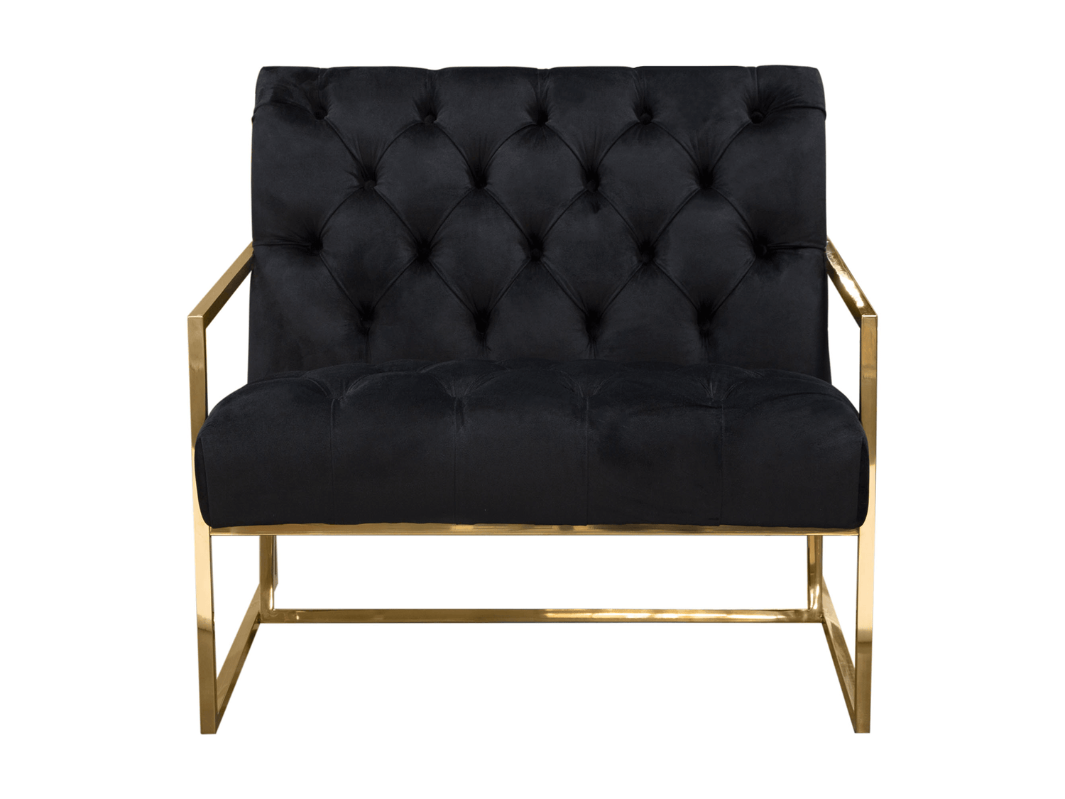 CAMERON ARMCHAIR - BLACK - H 32" / ﻿W 32" / D 30" LLL's Cameron Armchair in Black is a tufted velvet accent chair with angular gold armrests and sleigh legs. This chair is a sleek and distinct twist on a traditional lounge chair; its rich solid color is a